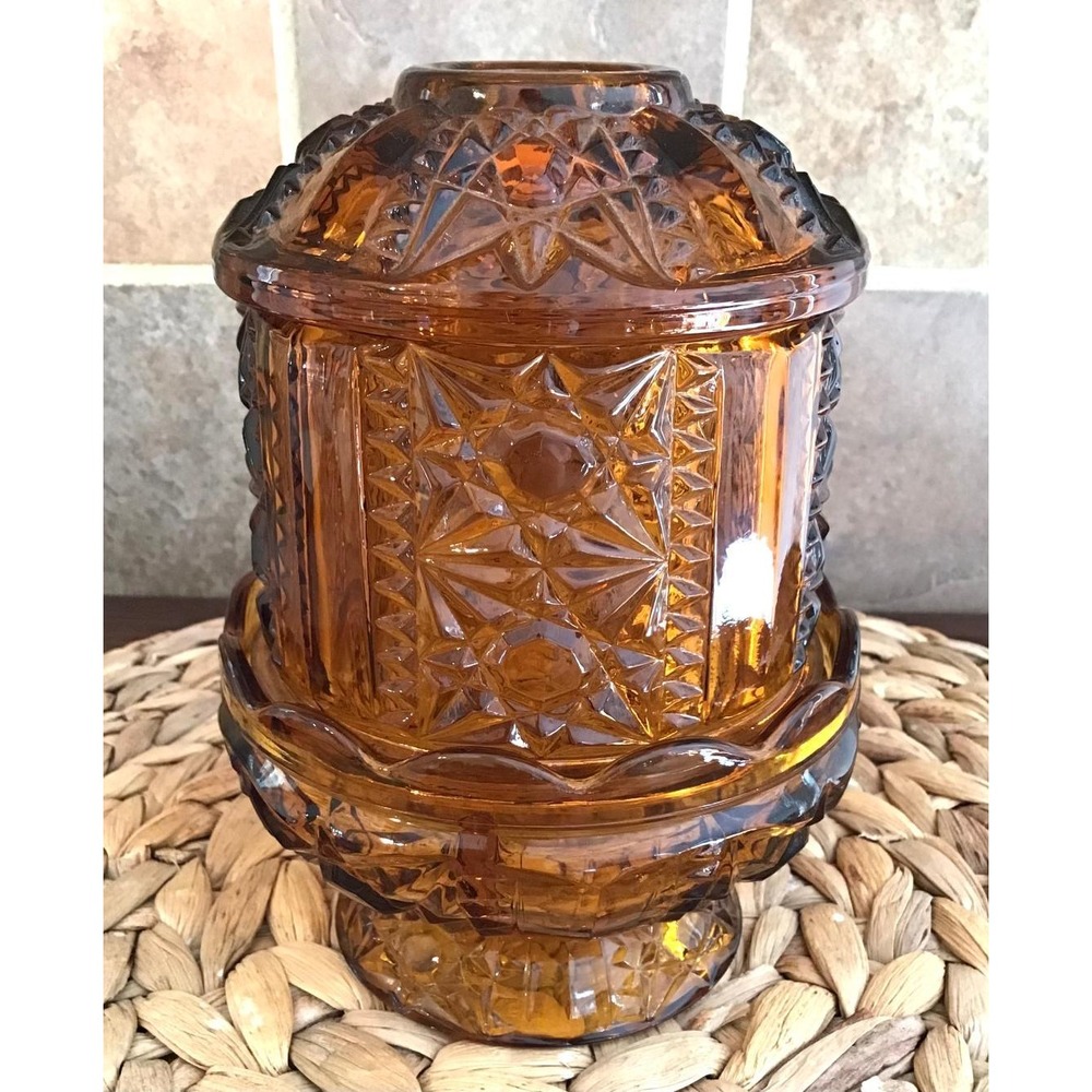 VTG Indiana Glass Stars and Bars Amber Glass Fairy 2-pc Tea Light Candle Holder